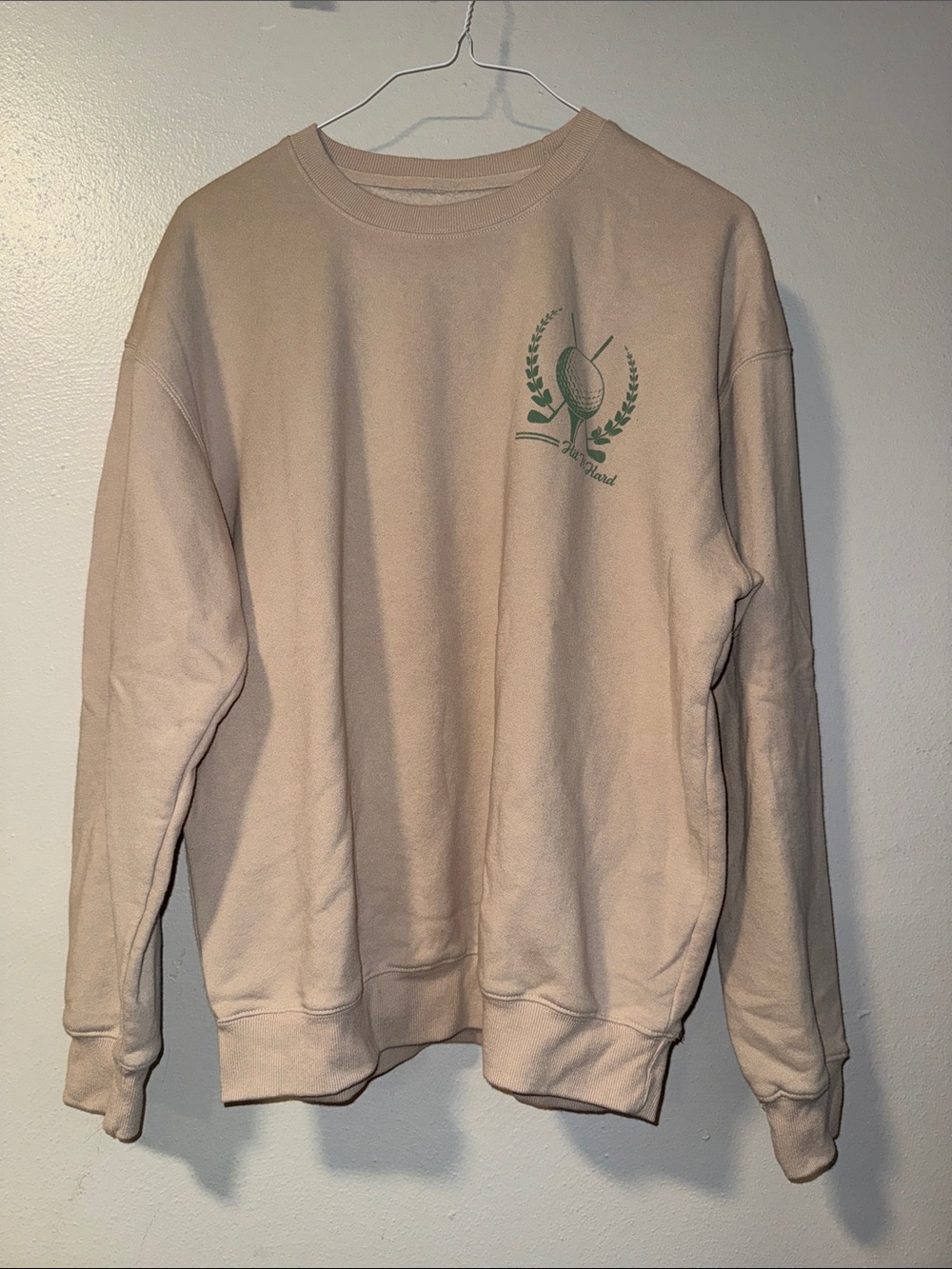 Beige Crewneck Sweater with Green Crest